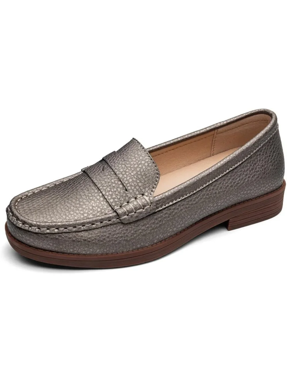 Women's Bronze Leather Comfortable Penny Loafers Slip On Casual Walking Shoes
